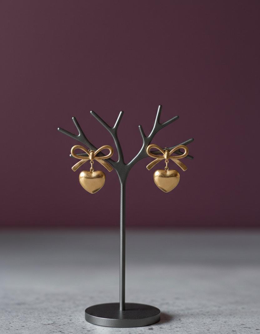 Vintage-Inspired Matte Gold Bow & Heart Drop Earrings
