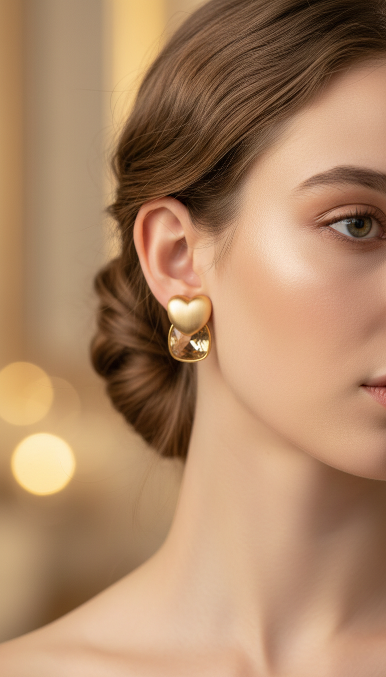 Golden Heart Crystal Stud Earrings | Elegant Daily Wear Earrings